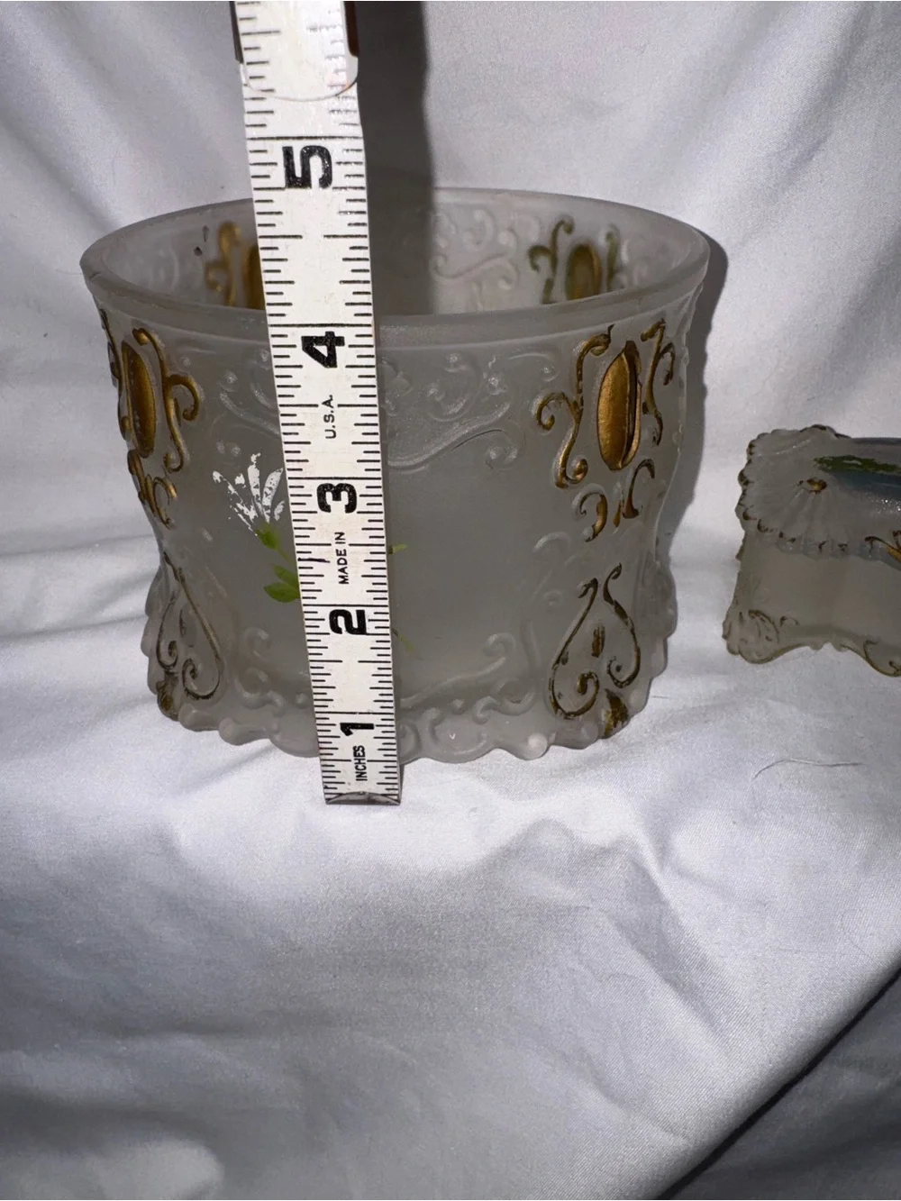 Antique hand painted glass dresser jar set